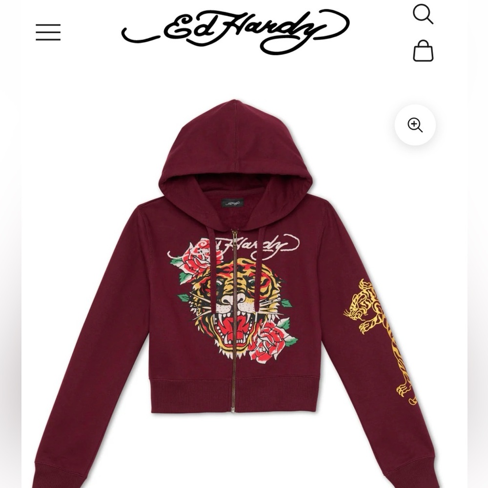 Ed Hardy Retro Tiger Cropped Maroon Hoodie Jacket NWOT